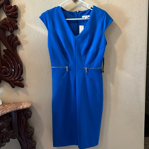 NY&C Dress Cap Sleeve V-Neck Bodycon Sheath Royal Blue Large Zippers size S - Picture 1 of 4